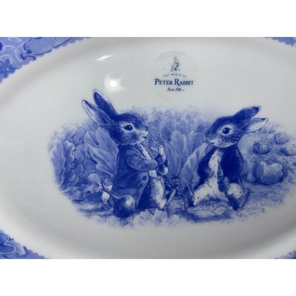 Beatrix Potter Peter Rabbit Blue Toile Porcelain Oval Serving Platter 14x9 NEW - Picture 2 of 6